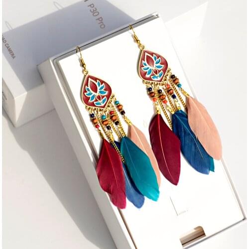 Ethnic Bohemia Boho Women Colorful Long Feather Dangle Earrings Charm Vintage Lotus Metal Tassel Statement Tribe Indian Earring
