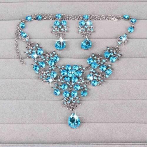 Wedding Bridal Jewelry Set Crystal Flower Water Drop Necklace + Earrings for Women Gift EA