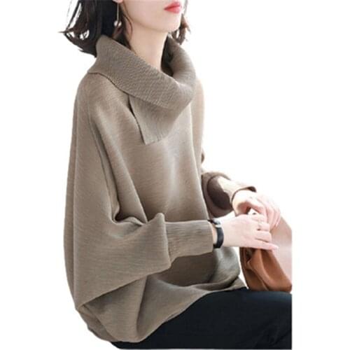 Pleated Irregular Collar Bat Sleeve Sweater Women Long Sleeve Solid Color Loose Large Size Thin Pullover Jumpers Women Spring