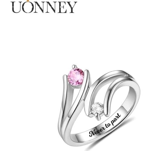 UONNEY Dropshipping Double Birthstones Silver Ring Letters Engraving Dating Rings Wedding Bands Couple 2021 Trend for Lovers