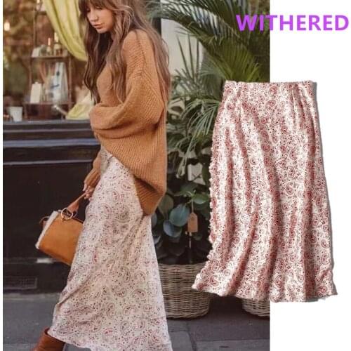 Jenny&Dave long skirts womens Ins fashion blogger outfitlook vintage Cashew printing satin midi skirt women faldas mujer moda