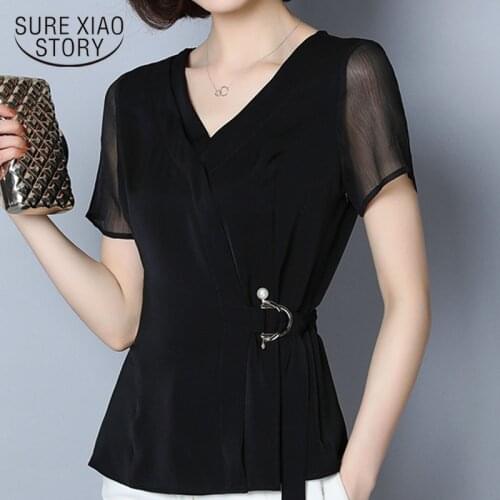 Blusas Women Tops and Blouses 2021 Plus Size Shirt V-Neck Blouses Chiffon Blouse Women Black Solid Short Sleeve Lady Tops 2882