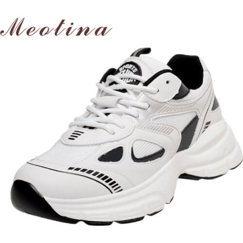 Meotina Women Shoes Genuine Leather Flats Platform Sneakers Round Toe Casual Shoes Cow Leather Cross Tied Flat Footwear White