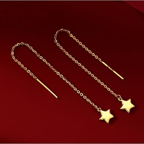 Pure AU750 Yellow Gold Star Dangle Earrings Women Long Dangle Earrings 1.2g