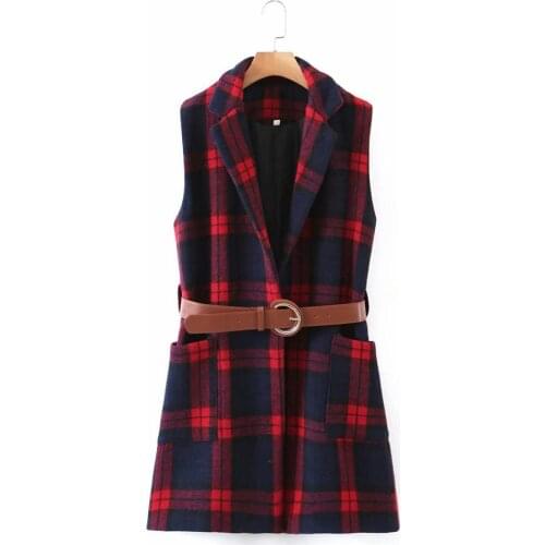 KONDALA Za 2020 Winter Autumn Women Wasitcoat Fashion Plaid Print Vintage Sleeveless Long Jackets Sashes Parkas Mujer Coats