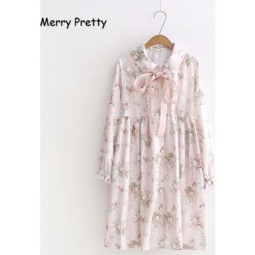 Merry Pretty Chiffon Womens Floral Print Pink A-Line Dress 2020 Autumn Long Sleeve Peter Pan Collar Sweet Style Girl Dress