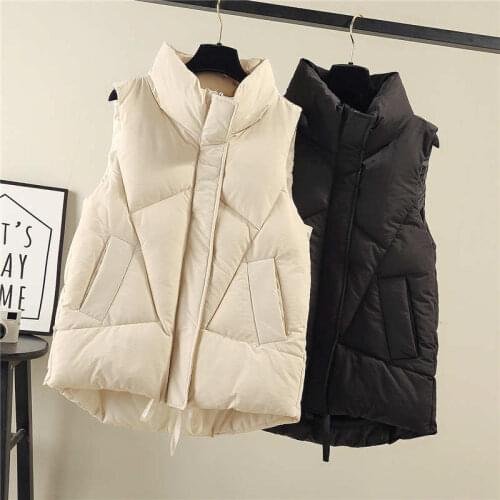 Down Cotton Padded Vest Women Casual Stand Collar Autumn Winter Jacket Women Pockets Warm Vests Black Sleeveless Waistcoat C7612