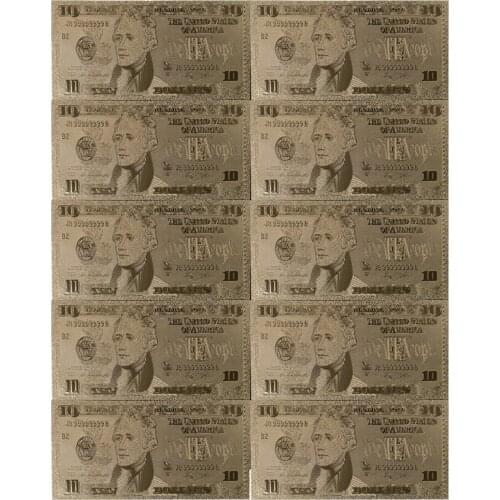 10pcs/set USD Gold Banknote 10 Dollar Paper Money Replica Currency Bank Note Bills For Art & Collectible