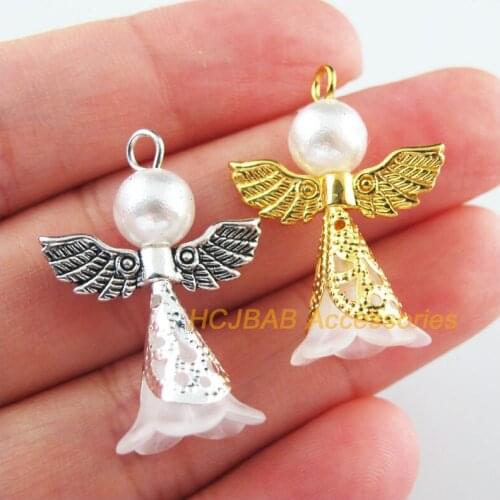 12Pcs Retro Gold Tibetan Silver Tone White Acrylic Angel Charms Pendants 21.5x29mm
