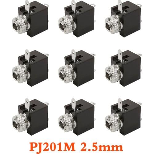5/10Pcs PJ-201M Headphone Jack Connector 2.5mm 3-pin Female Socket Mono Channel Audio Connector with Threaded Nut Solder Wire