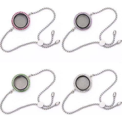 5pcs/lot Adjustable Stainless steel Chain living memory locket bracelet crystal Glass+steel 25mm Floating charms locket bangle