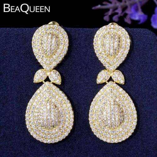 BeaQueen Luxury Water Drop Long Dangle Earrings for Women Wedding Full Micro Pave CZ Cubic Zircon Dubai Indian Jewelry E262