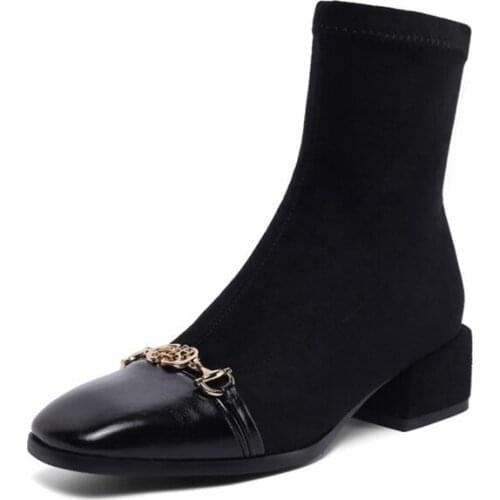 Ankle Elastic Sock Boots Chunky High Heels Square Stretch Women Sexy Booties square head Woman Martin High quality shoe D-882