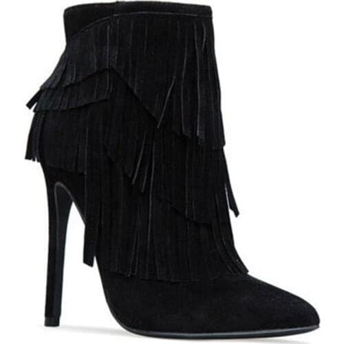 Tassel Boots Female Autumn/winter 2020 New High Heel Leather Fine Personality With Pointed Side Zippers White Velvet Short Boots