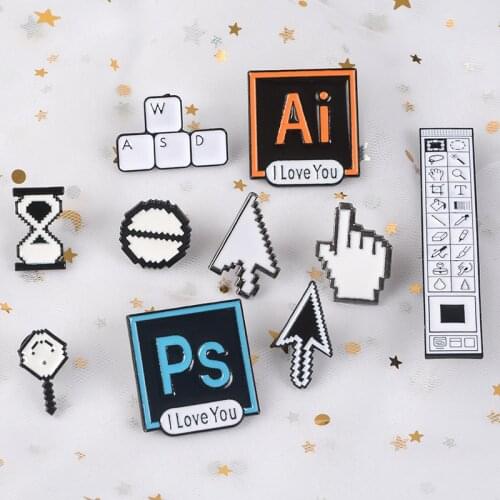 Classical Pixel Cursors Photoshop Toolbar Computer Window Icon Mouse Pointer Hand Arrow Enamel Brooches Pins Ps Ai WASD