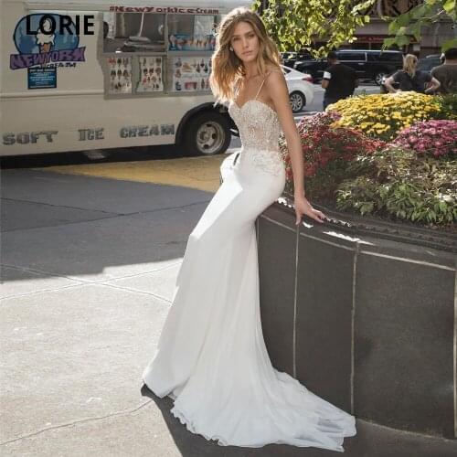LORIE 2020 Lace Beading Wedding Dresses Chiffon Mermaid Bridal Gown Vintage Spaghetti Straps Open Back Boho Bride Gown Bohemian