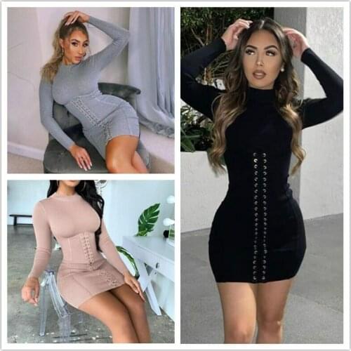 New Stylish Women Long Sleeves O Neck Bandage Patchwork Bodycon Clubwear Dress