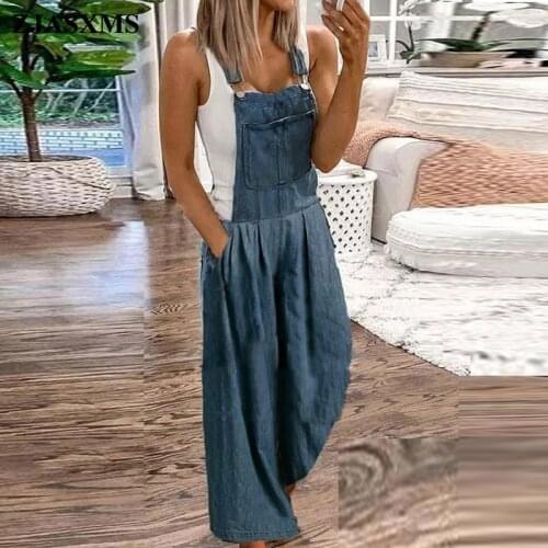 New Solid Pocket Denim Jumpsuit Women Spring Loose Dungarees Strappy Romper Lady Overalls Summer Off Shoulder Trousers Playsuits