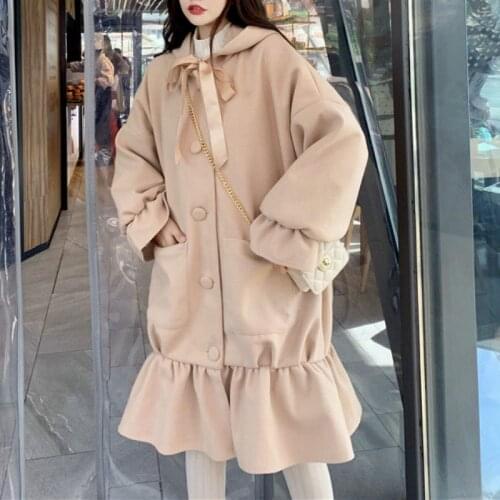 Autumn/Winter Japanese Kawaii Lolita Girl Wool Coat Gentle Fairy Preppy Style Mid-Length Lantern Sleeve Woman Lolita Jacket Coat