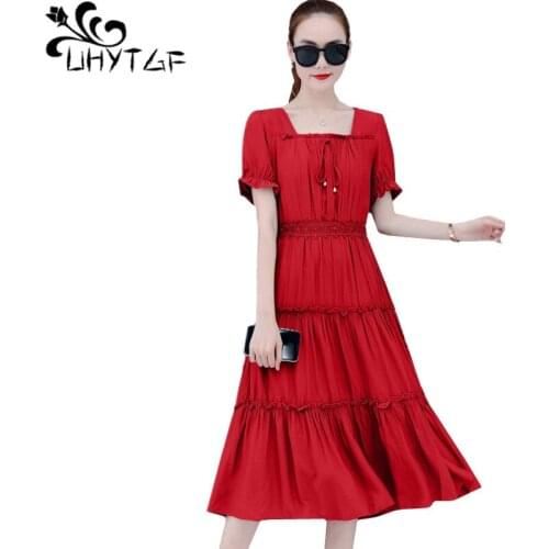 UHYTGF Womens dress Fashion stitching chiffon summer dress red black other elegant dresses short sleeve beach dress Female 1186