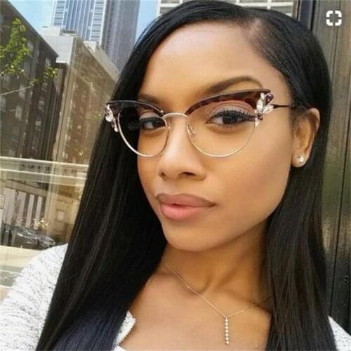 Retro Glasses Cat Eye Clear Lens with rhinestones crystals Half Frame cat eye glasses frame women fashion myopia spectacles