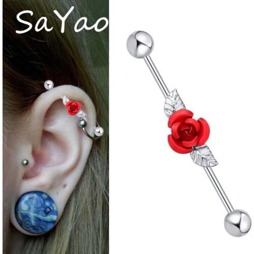 SaYao 1piece Flowers Surgical Stainless Steel 1.6*38*6mm Red Rose Flower Industrial Barbell Piercing Helix Ear Piercing Jewelry