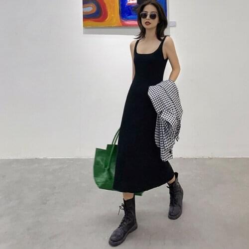 Sexy Womens Long Dress 2021 Summer Square Neck Sling Waist Knitted Party Dresses