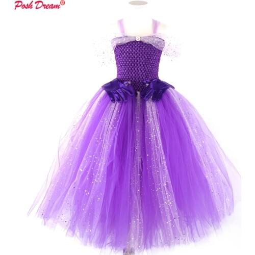 POSH DREAM Purple Flower Party Dresses for Kids Girls with Gloves Glitter Tulle Toddler Baby Girls Birthday Clothings Girl Dress