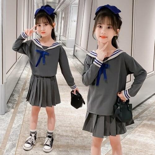 Teenager baby kids girl Clothes winter Autumn Sailor suit tracksuit t Shirts hoodied + pleated skirt 4 5 6 7 8 9 10 11 12 Year
