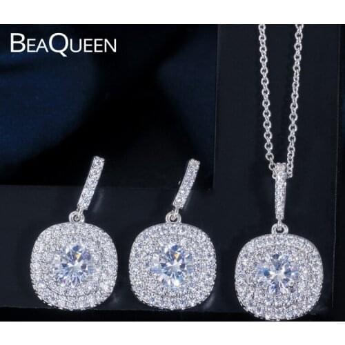BeaQueen Classic Square Drop Crystal Earrings Necklace Micro Paved Full CZ Jewelry Sets for Women Wedding Bridal Gifts JS202