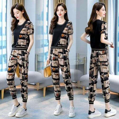 2020 Spring summer women sets elegant cotton loose T-shirt+female Leisure pants two piece sets Plus size casual clothing