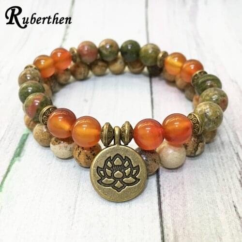 Ruberthen Women`s Yoga Lotus Bracelet Set Natural Unakite Carnelian Bracelet Natural Gem Stone Bracelet Gift For Her