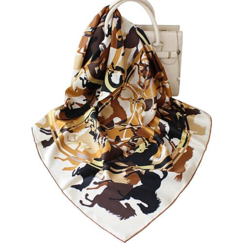 2021 New Luxury 100% Twill Silk Scarf Women Vintage Many Horse Print Shawl Stole Hijab Hand Rolled Kerchief Bandana 35"*35"