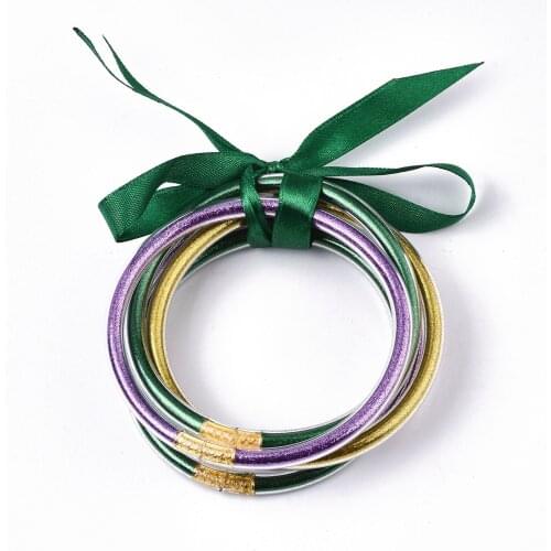 5Pcs PVC Plastic Bangle Sets with Glitter Powder and Polyester Ribbon Findings For DIY Crafts Bracelets Making 6.3cm