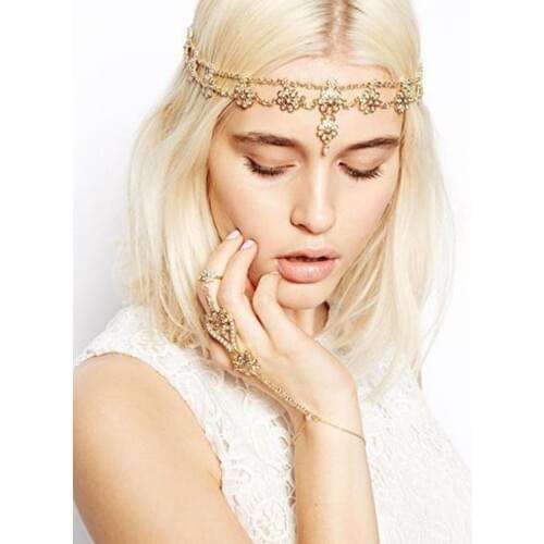 Bohemian Flower Rhinestone Gold Pearl Hair Head Chain Boho Headpiece Headband Hippie Women Festival Jewelry