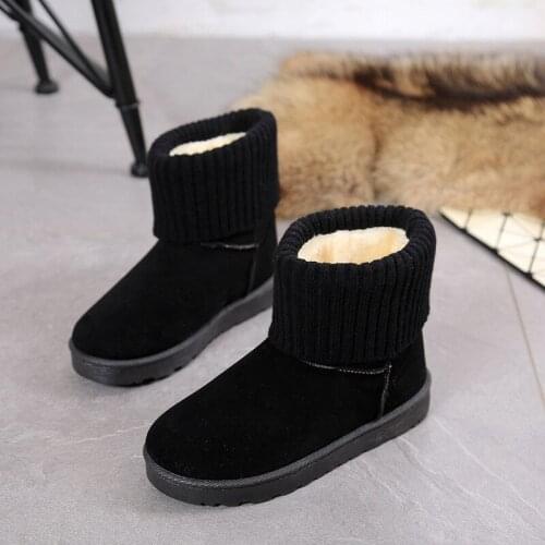Women Snow Boots Flat Short Plush Ladies Snow Boots Stretch Knitting Wool Fur Lined Boots Warm Winter Ankle Woman Shoes WJ087