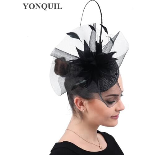 Black Fashion Derby Kenducky Fascinators Hat Elegant Womens Fancy Feather Flower Headpiece Hair Pin Ladies Occasion Fedora Caps