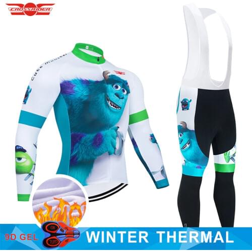 Crossrider 2021 Winter Thermal Fleece Cartoon Cycling Clothing MTB Bike Jersey Ropa Ciclismo Bicycle Clothes Mens Long Bib Set