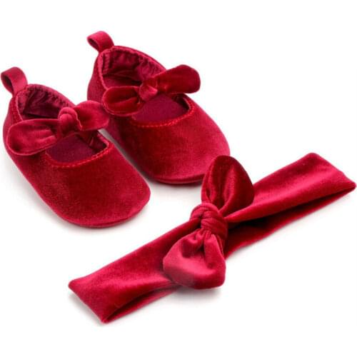 Cute Newborn Baby Girl Gold Velvet Toddler First Walkers Kid Shoes+Hairband Soft Sole Shoes Prewalker