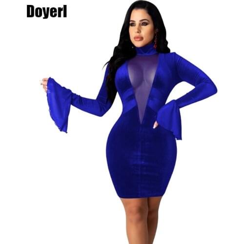 Autumn Winter Elegant Party Dress Women Sexy Velvet Bodycon Dress Mini Skinny Mesh Patchwork Flare Long Sleeve Night Club Dress