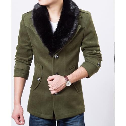 Autumn Winter Warm Velvet Liner Men Woolen Coat Faux Fur Collar Male :ong SLeeve Jackets abrigos para hombre LX1982