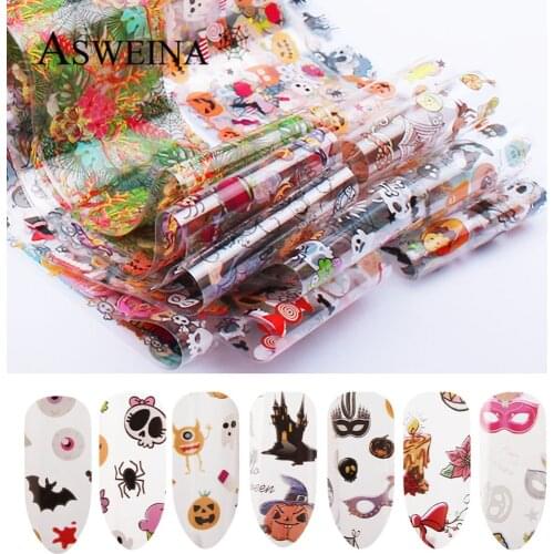 10pcs Halloween Transfer Nail Foil Sticker Decals Pumpkin Cat Witch Skull Designs Nail Art 3d Slider Adhesive DIY Manicure