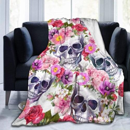 Day of Death Sugar Skull Flowers Throw Blanket Plush Microfiber Flannel Fleece Blanketfor Bed Sofa Couch Camping Travel