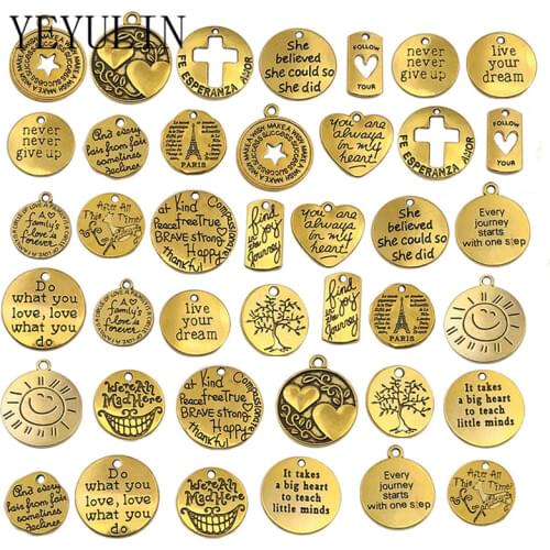 20PCS/pack Gold Silver Color Circle English Letter Inspirational Tag Charms Pendant For Women Men DIY Necklace Bracelet Jewelry