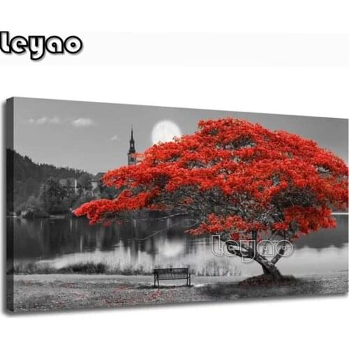 Full Square round Diamond embroidery Cross stitch scenery Full Round Diamond painting Red maple leaf DIY Diamond mosaic castle