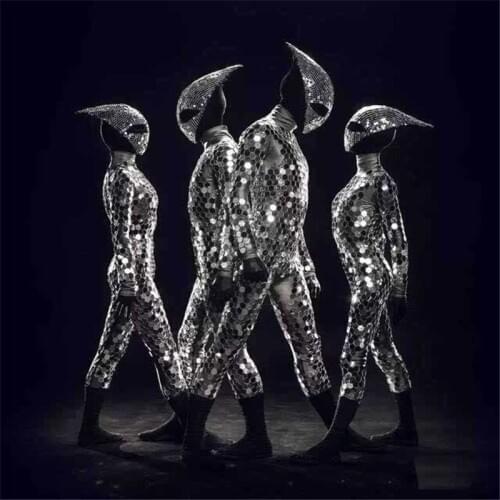 Q10 Silver mirror glass stage dance costumes female mirror outfits party cosplay wear robot men suit dj clothe silver dress mask