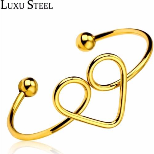 LUXUSTEEL Heart Shape Open Cuff Bracelets Bangles Stainless Steel Gold Bangles Pulseras Mujer Beaded Bracelets Bangles pulsera