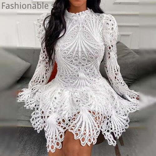 Sexy Eyelet Embroidery Bell Sleeve Lace Dress