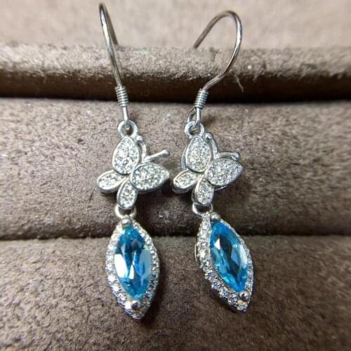 Fashion Lovely bowknot rhombus natural blue topaz drop earrings Natural gemstone earrings 925 silver girl party gift jewelry