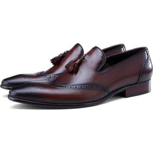 Tan / Black Loafers Dress Shoes Mens Wedding Groom Shoes Genuine Leather Business Shoes Male Social Shoes With Tassel